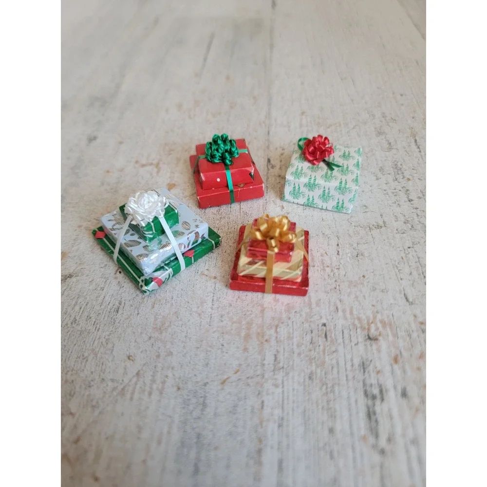 Mini Village stacked present gift dollhouse accessory bow Unique set